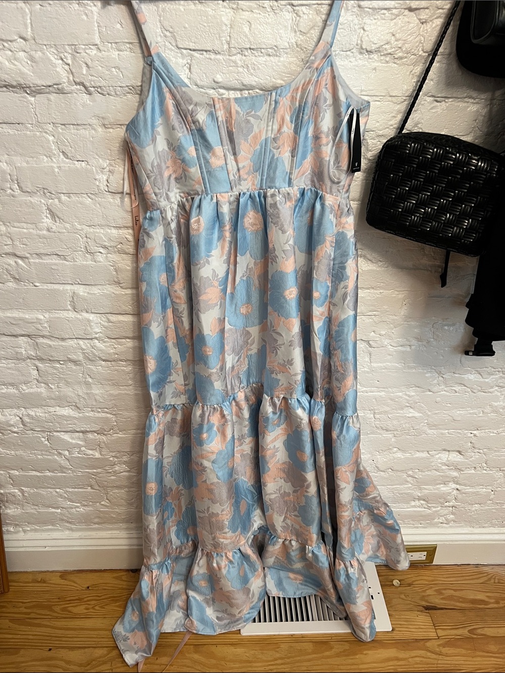 Lulu's Pastel Blue and Peach Floral Tiered Spaghetti-Strap Maxi Dress